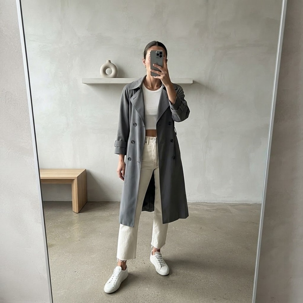 Julia Klein Gray Double Breasted Belted Trench Coat 2P 3/4 Sleeve Minimalist 90s